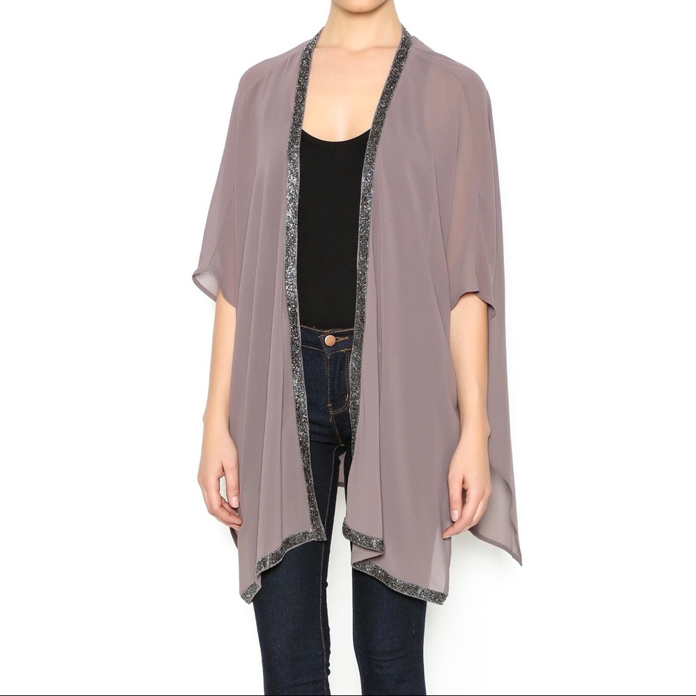 Bishop + Young | Embellished Beaded Ribbon Open Front High Low Sheer Kimono